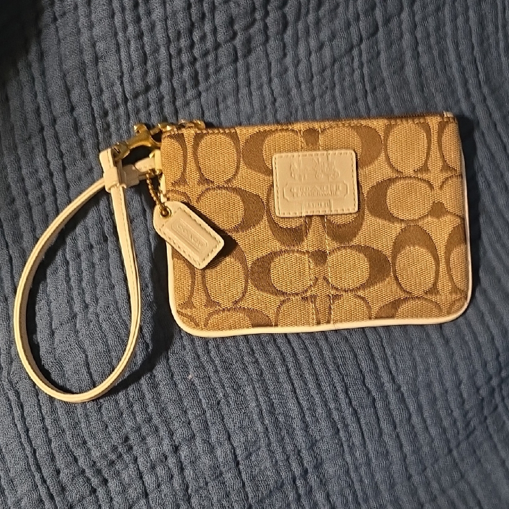 Coach Brown and Cream Signature Wristlet,EUC